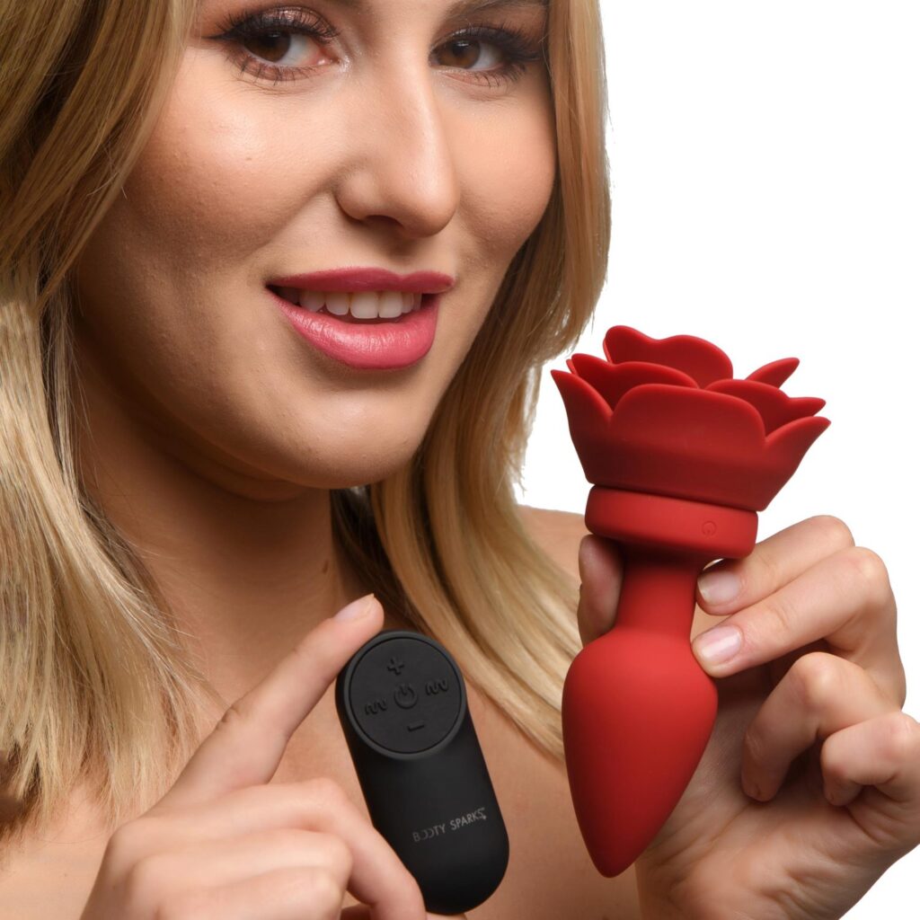 28X Silicone Vibrating Rose Anal Plug with Remote – Medium