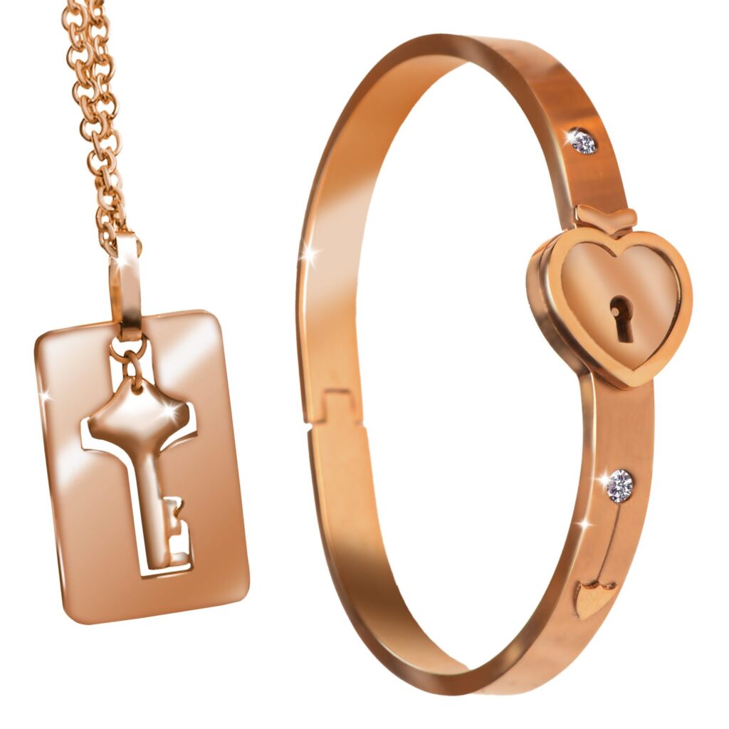 Cuffed Locking Bracelet and Key Necklace – Rose Gold